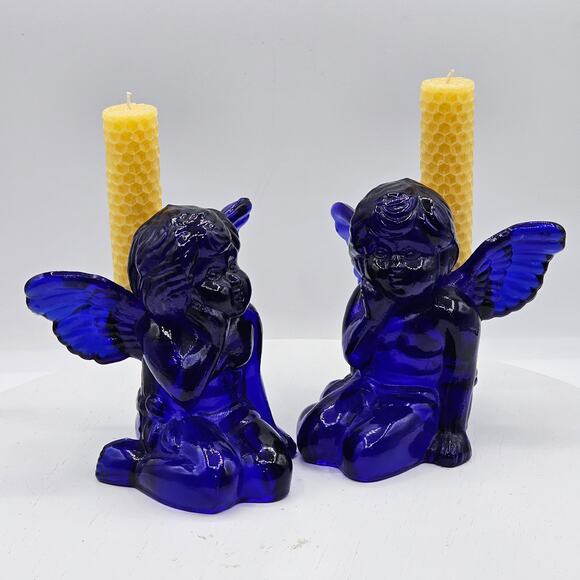 Vintage Cobalt Blue Glass Angel Candlestick Holders Angel on Knees Figurines - Picture 2 of 8